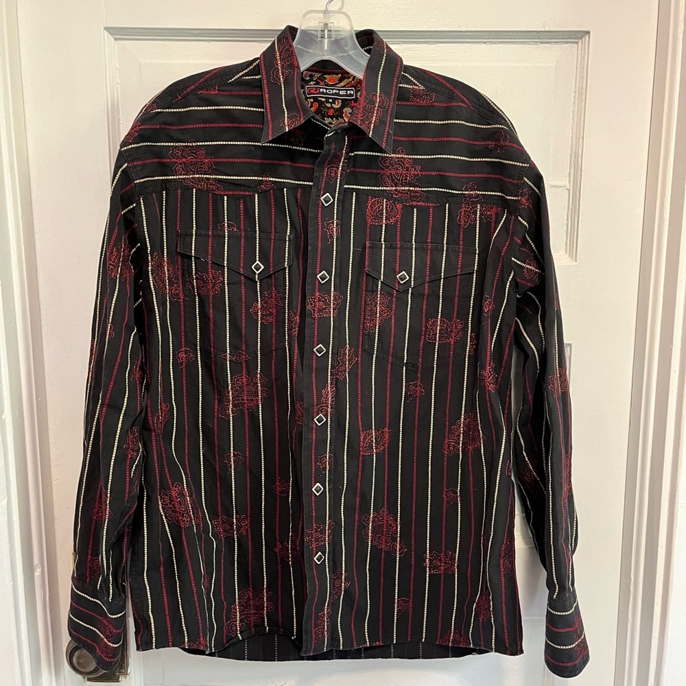 Men’s Roper Western Shirt M Diamond Snap Black Floral Embroidery Cowboy Rodeo